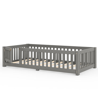 Twin Size Bed Floor Bed with Safety Guardrails and Door for Kids, Gray image 11