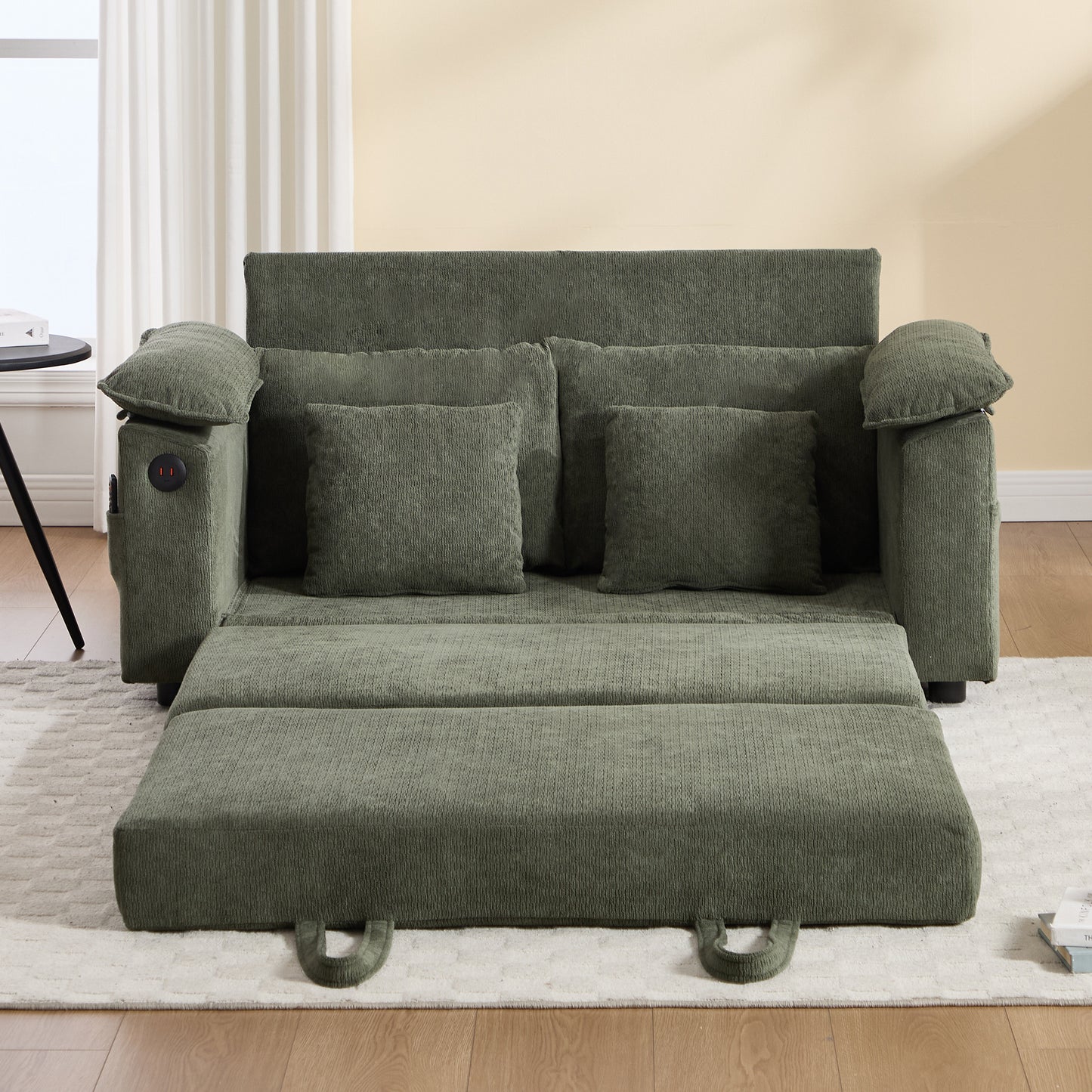 58 inch 3-in-1 Upholstered Futon Sofa Convertible Floor Sofa bed,Foldable Tufted Loveseat with Pull Out Sleeper Couch Bed,Folding Mattres Love Seat Daybed W/Side Pockets for Living Room Green image 5