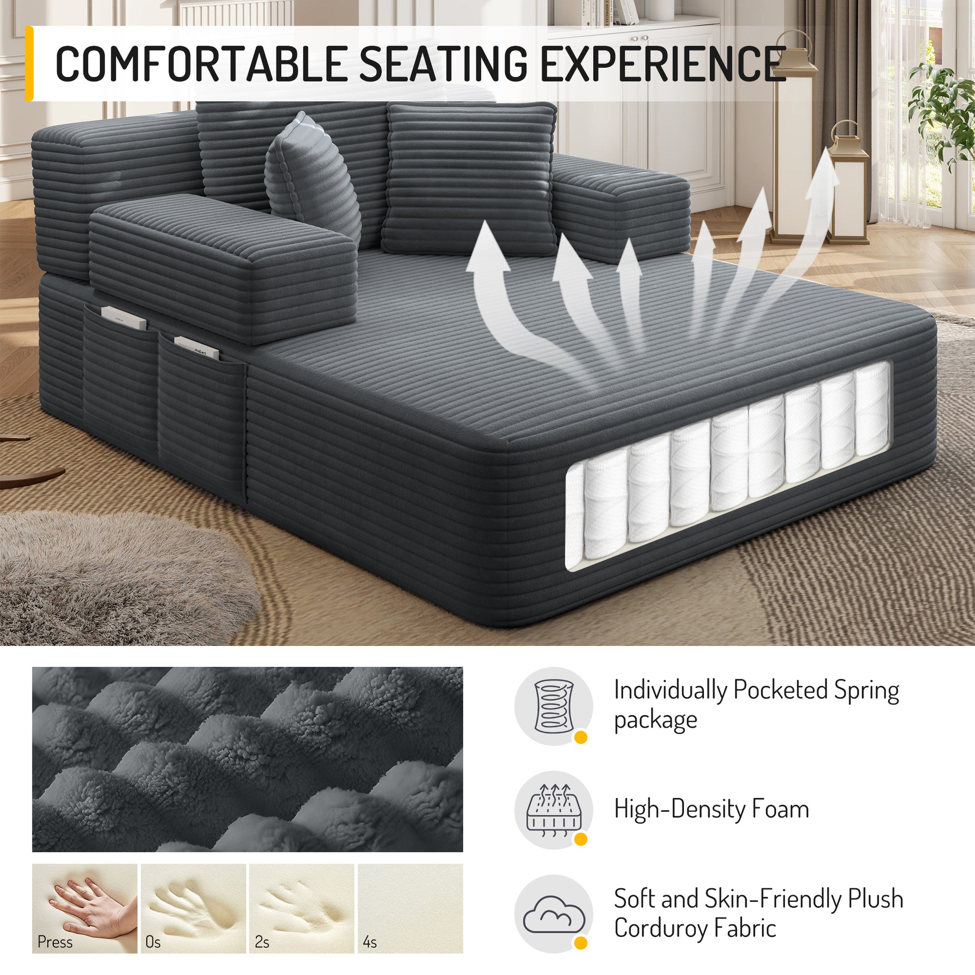 Luxurious Plush Corduroy Chaise Lounge with 3 Pillows, Convertible Sofa Bed with Storage Pocket, Frameless Design & Compression Foam for Small Spaces, Living Room, Apartment,Dark Gray image 11