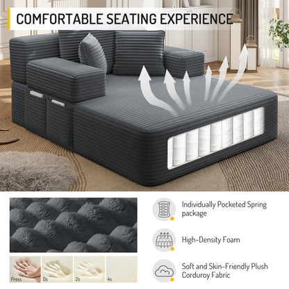 Luxurious Plush Corduroy Chaise Lounge with 3 Pillows, Convertible Sofa Bed with Storage Pocket, Frameless Design & Compression Foam for Small Spaces, Living Room, Apartment,Dark Gray image 11