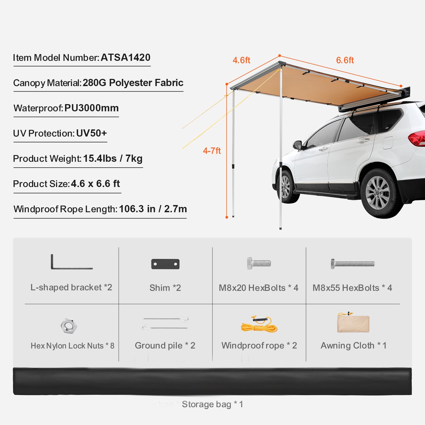 Car Side Awning, Large 4.6'x6.6' Shade Coverage Vehicle Awning, PU3000mm UV50+ Retractable Car Awning with Waterproof Storage Bag, Suitable for Truck, SUV, Van, Campers image 6