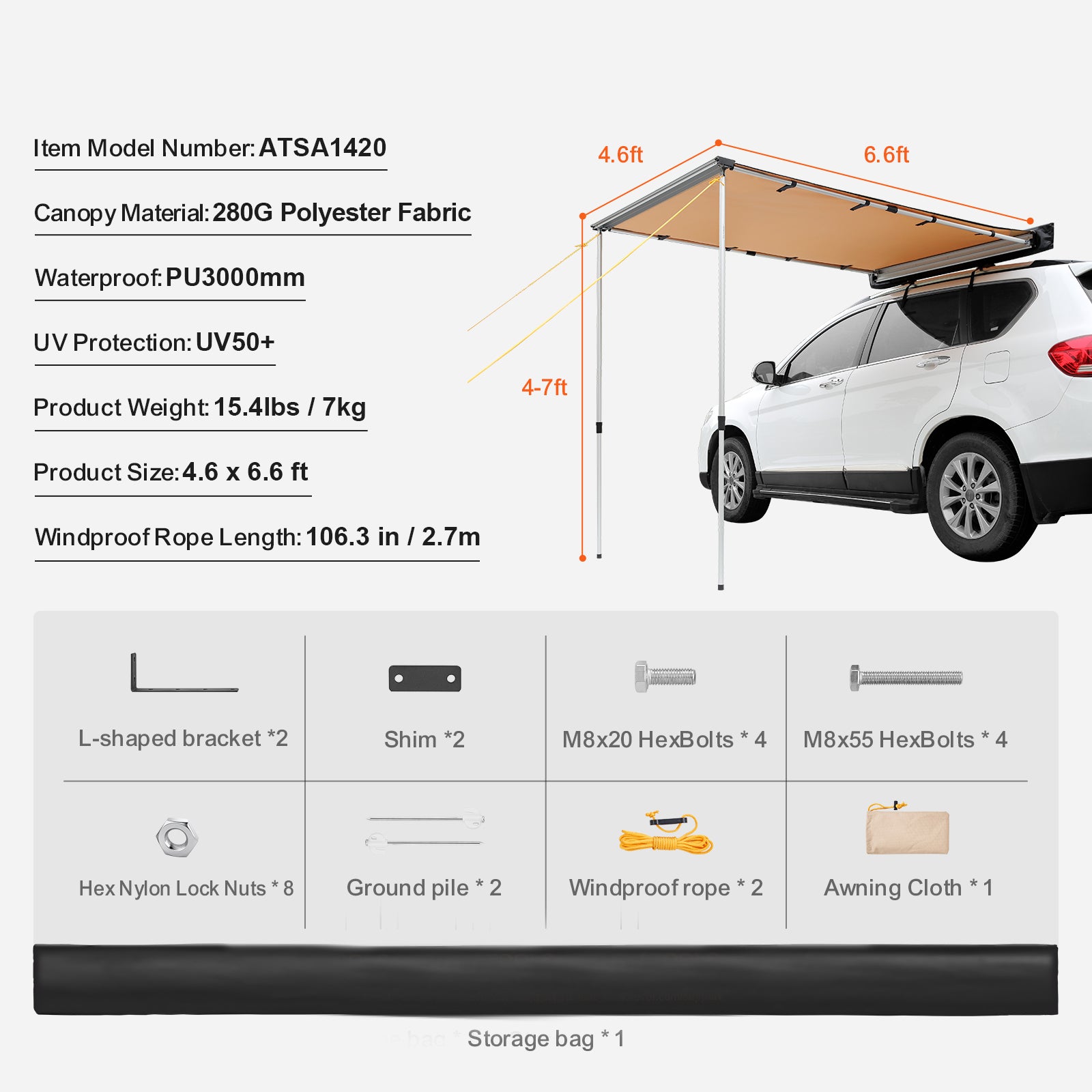 Car Side Awning, Large 4.6'x6.6' Shade Coverage Vehicle Awning, PU3000mm UV50+ Retractable Car Awning with Waterproof Storage Bag, Suitable for Truck, SUV, Van, Campers image 6