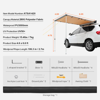Car Side Awning, Large 4.6'x6.6' Shade Coverage Vehicle Awning, PU3000mm UV50+ Retractable Car Awning with Waterproof Storage Bag, Suitable for Truck, SUV, Van, Campers image 6
