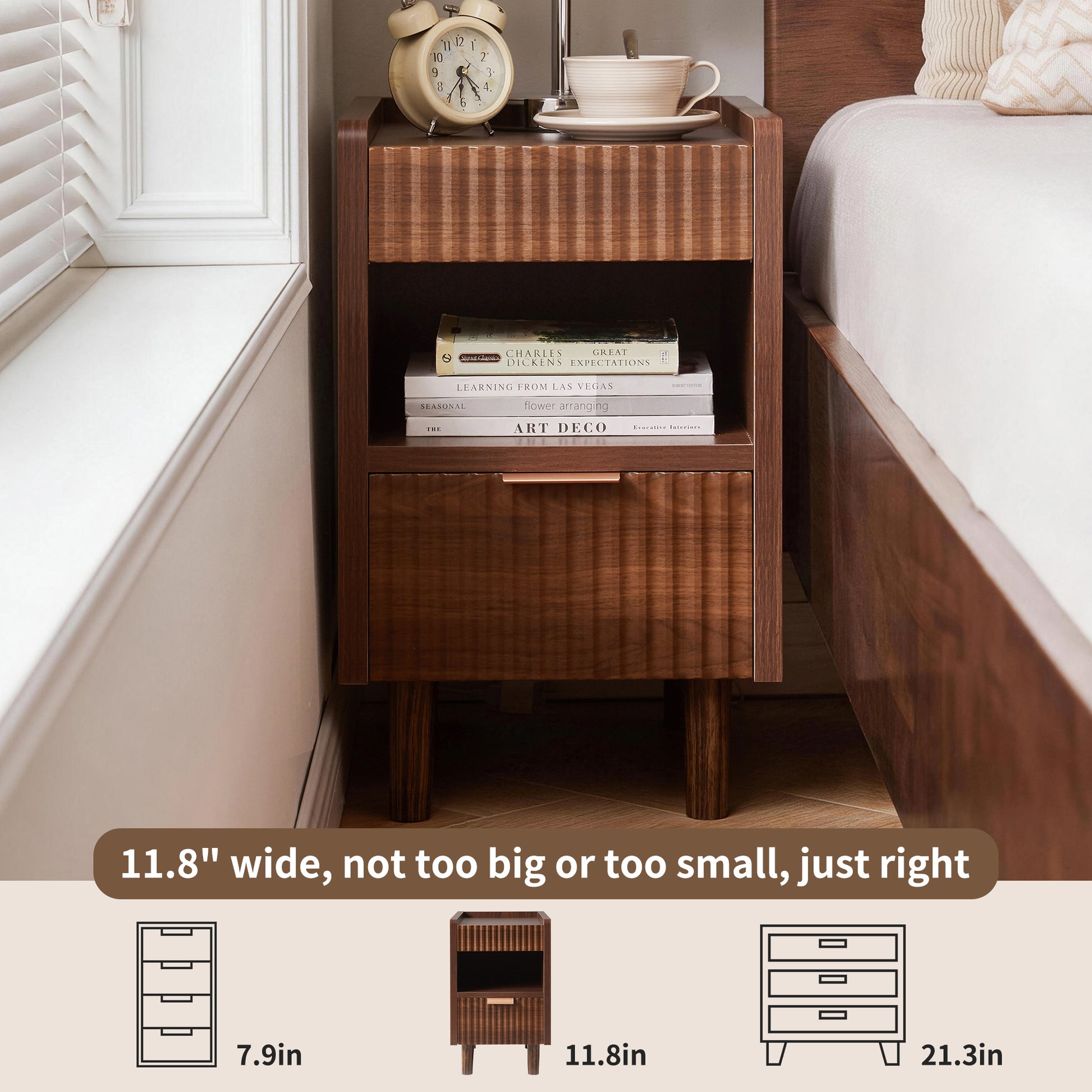 Walnut Brown Fluted Wood Nightstands with Drawer and Open Storage, 2 Pack Modern Bedroom Bedside Side End Tables for Living Room Home Decor image 8
