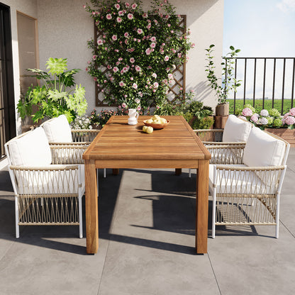 TOPMAX Patio 5pcs Wooden Dining Table Set, Outdoor 67''L Rectangular Table with 4 Rattan Arm Chairs for Poolside, Backyard, Garden, Natural image 1