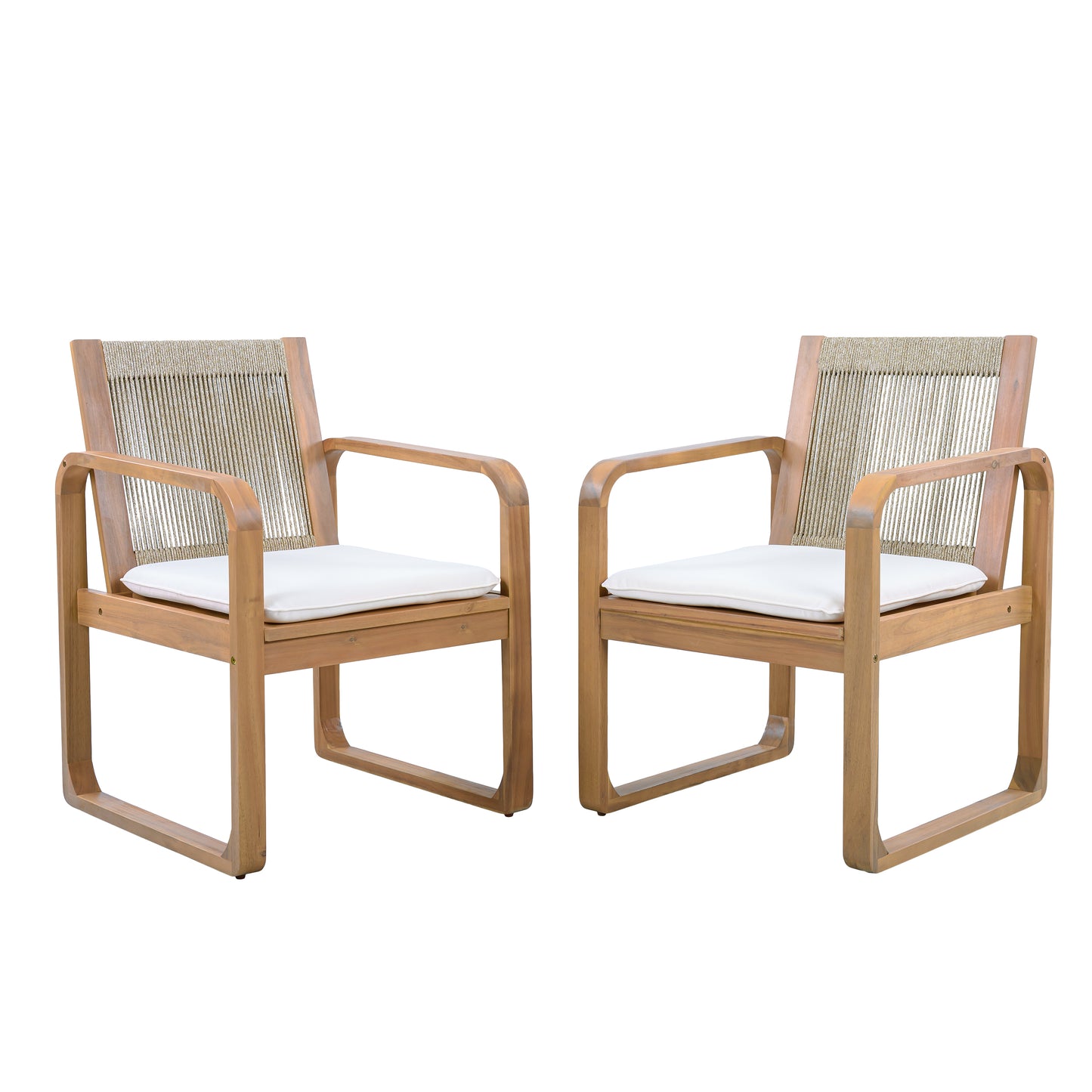 2-Piece Outdoor Dining Chairs Set: Acacia Wood with Multi Brown Rope Back & Beige Cushion, Water Repellent Fabric, 400 lbs Capacity, Light Teak Finish image 3