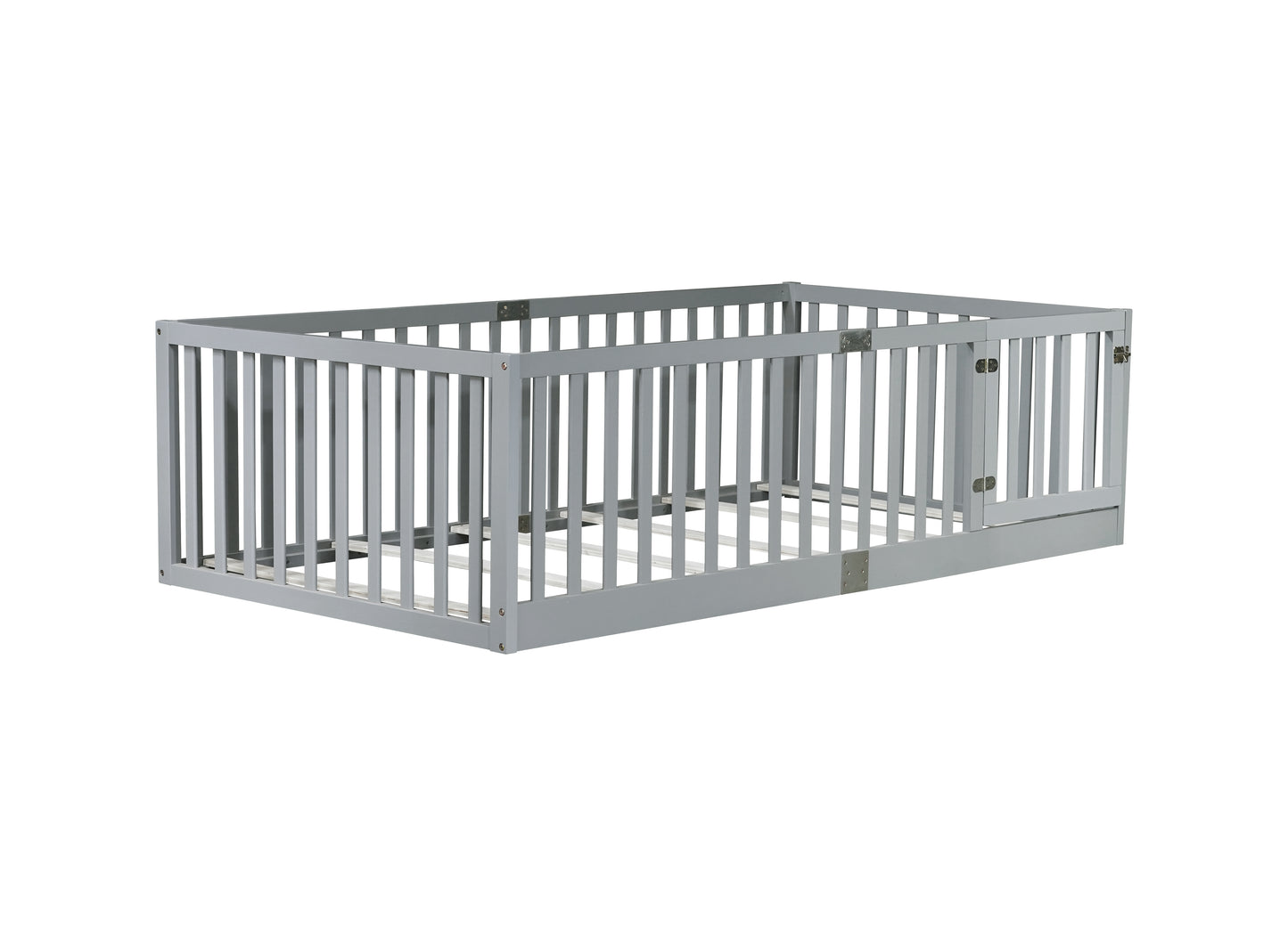 Twin Size Floor Bed with High Fence Railings, with Door, Rubber Wood Floor Bed with Safety Guardrails,Grey image 10