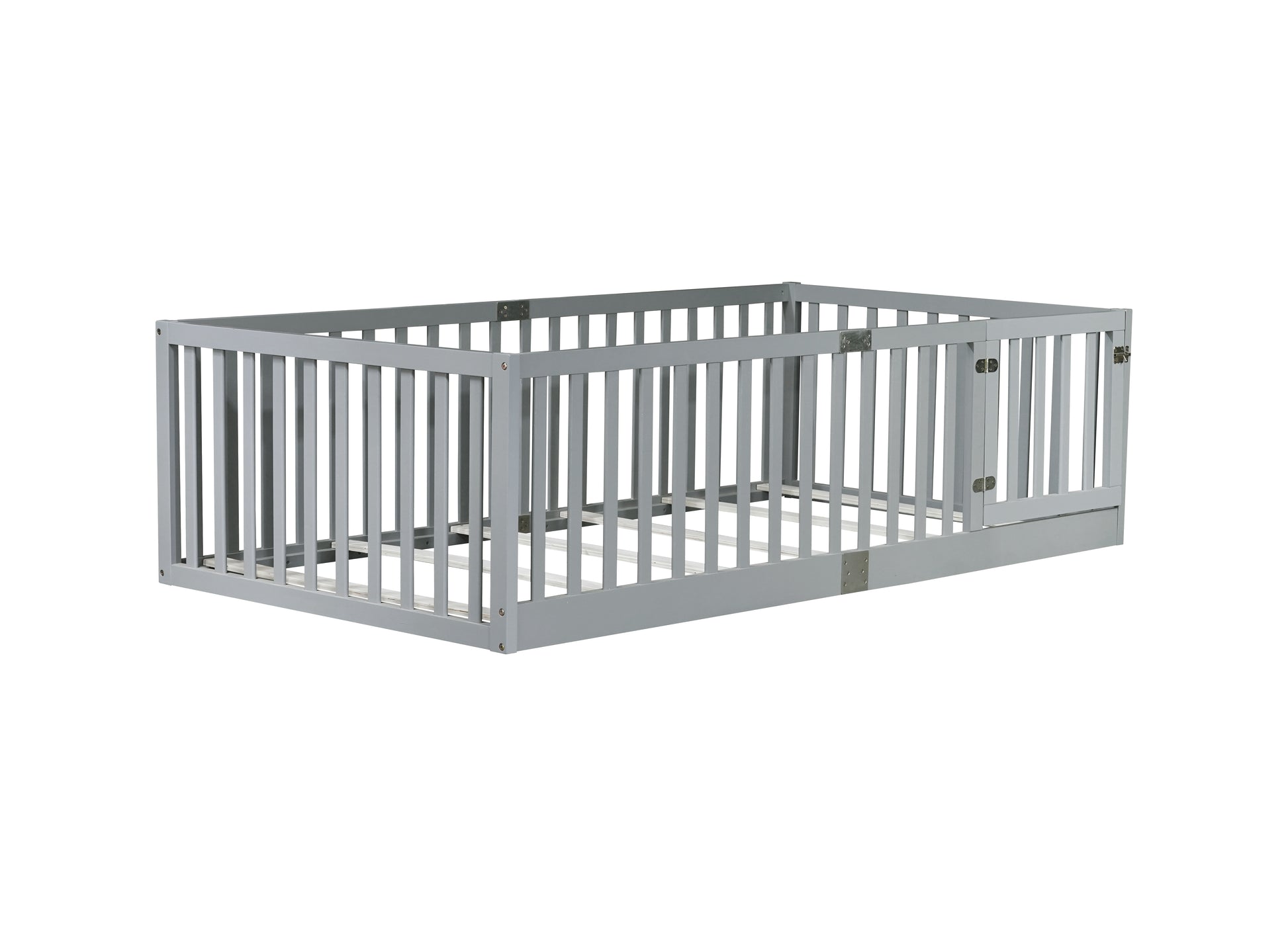 Twin Size Floor Bed with High Fence Railings, with Door, Rubber Wood Floor Bed with Safety Guardrails,Grey image 10
