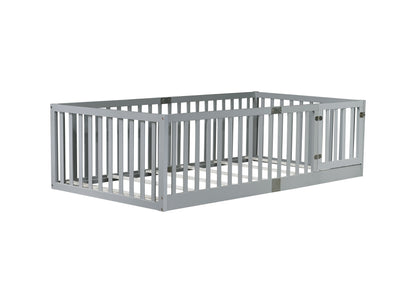 Twin Size Floor Bed with High Fence Railings, with Door, Rubber Wood Floor Bed with Safety Guardrails,Grey image 10