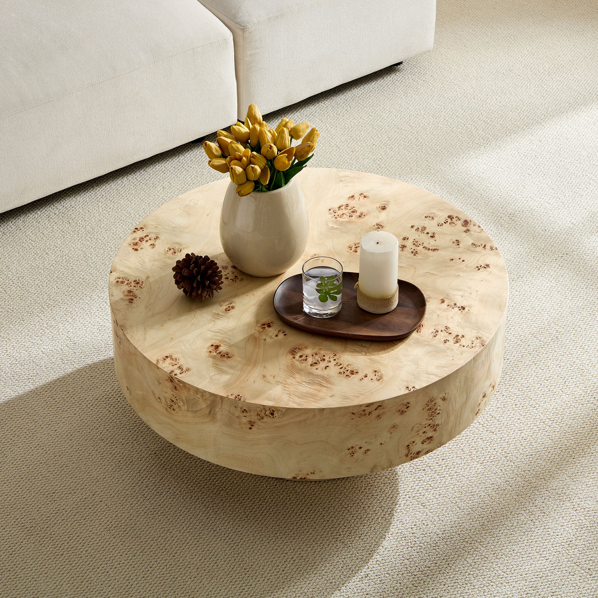 31.49''Mid Century Modern Round Wood Coffee Table with Burl Wood Veneer and Sturdy Pedestal for Living Room Office Apartment image 3