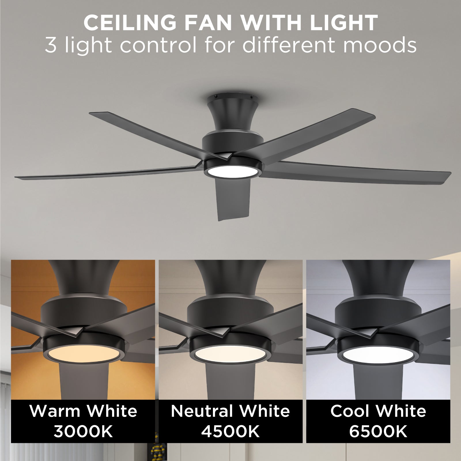52 inch Ceiling Fans with Lights, Large Air Volume Ceiling Fans with Reversible Quiet DC Motor and Remote, 5X-W5 image 9