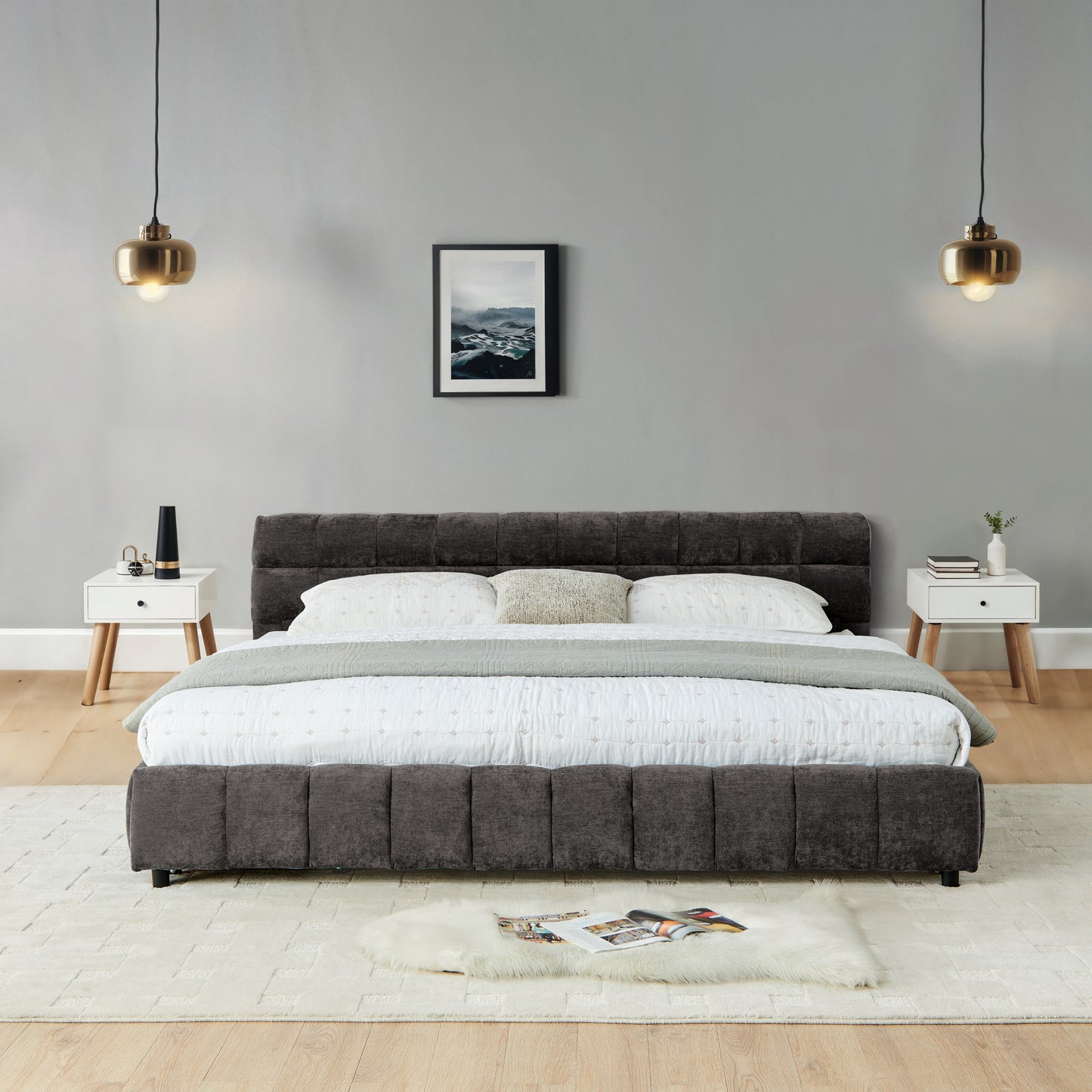 California King size Upholstered Bed,comfortable upholstered bed frame, Chenille fabric, with headboard and solid bed frame. With drawer for storage.-Dark Gray(90.5''*80.5''*31'') image 6