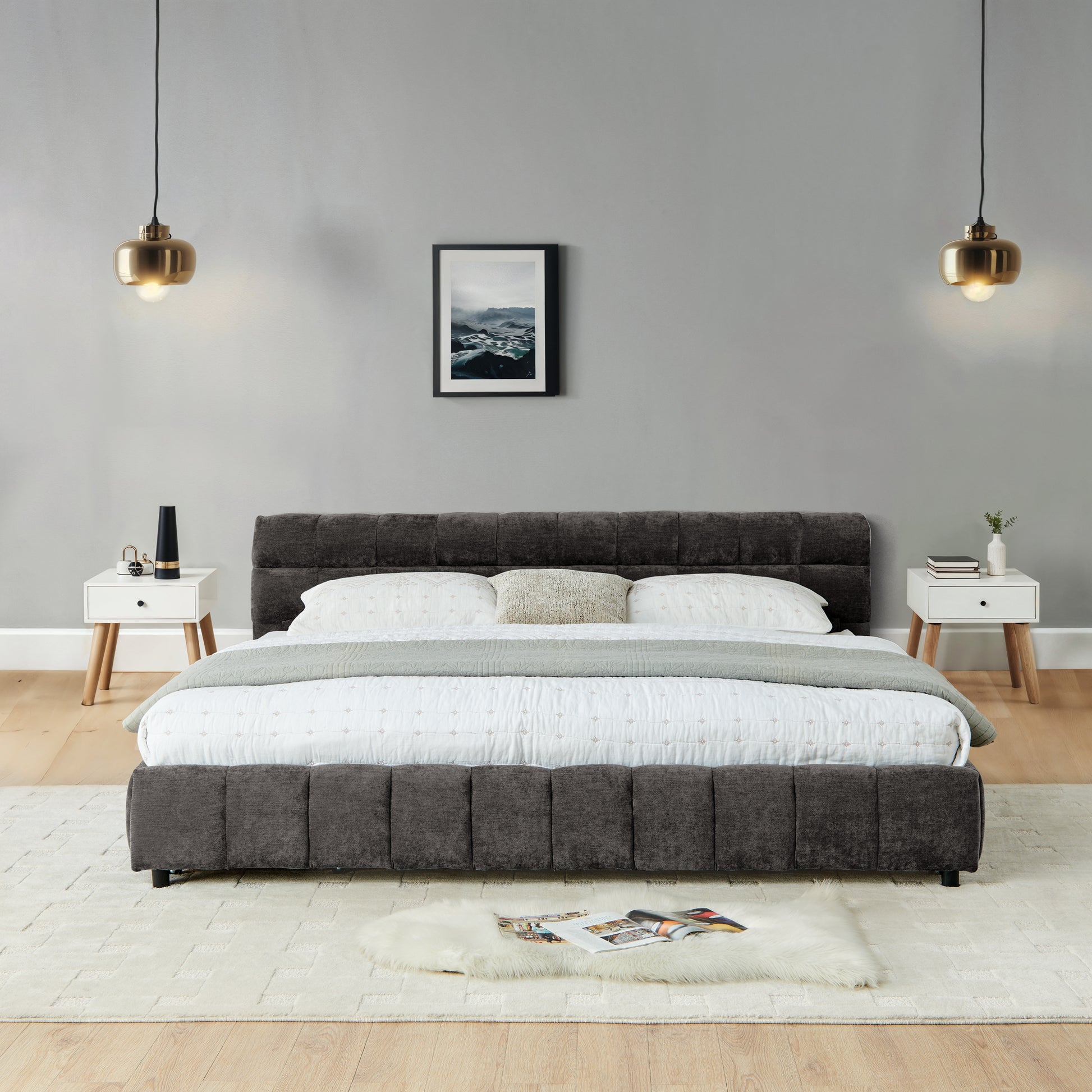 California King size Upholstered Bed,comfortable upholstered bed frame, Chenille fabric, with headboard and solid bed frame. With drawer for storage.-Dark Gray(90.5''*80.5''*31'') image 6