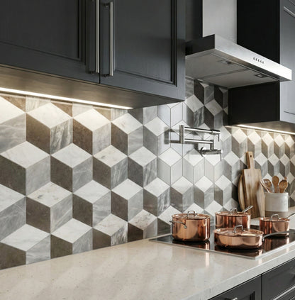 Hexagon Waterjet marble,White Gray Black 3 color, natural marble, for floor and wall, polished marble tile, natural stone, genuine marble, real marble, 1 box 12 pcs image 6