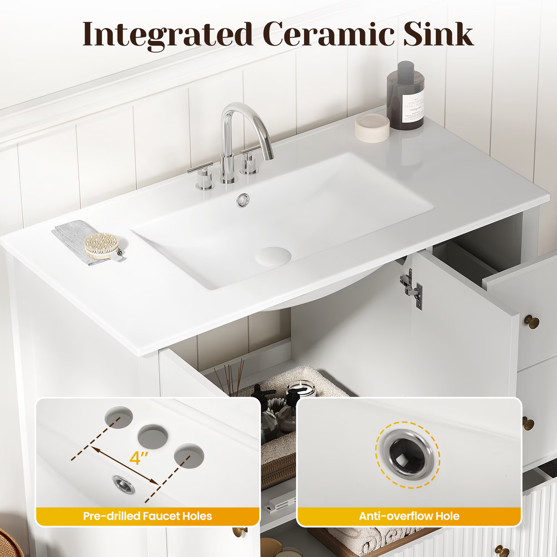 36'' Bathroom Vanity with Sink Set, Bathroom Storage Cabinet with Doors and Drawers, Modern Vanity Sink Cabinet with Painted Surface, White image 5