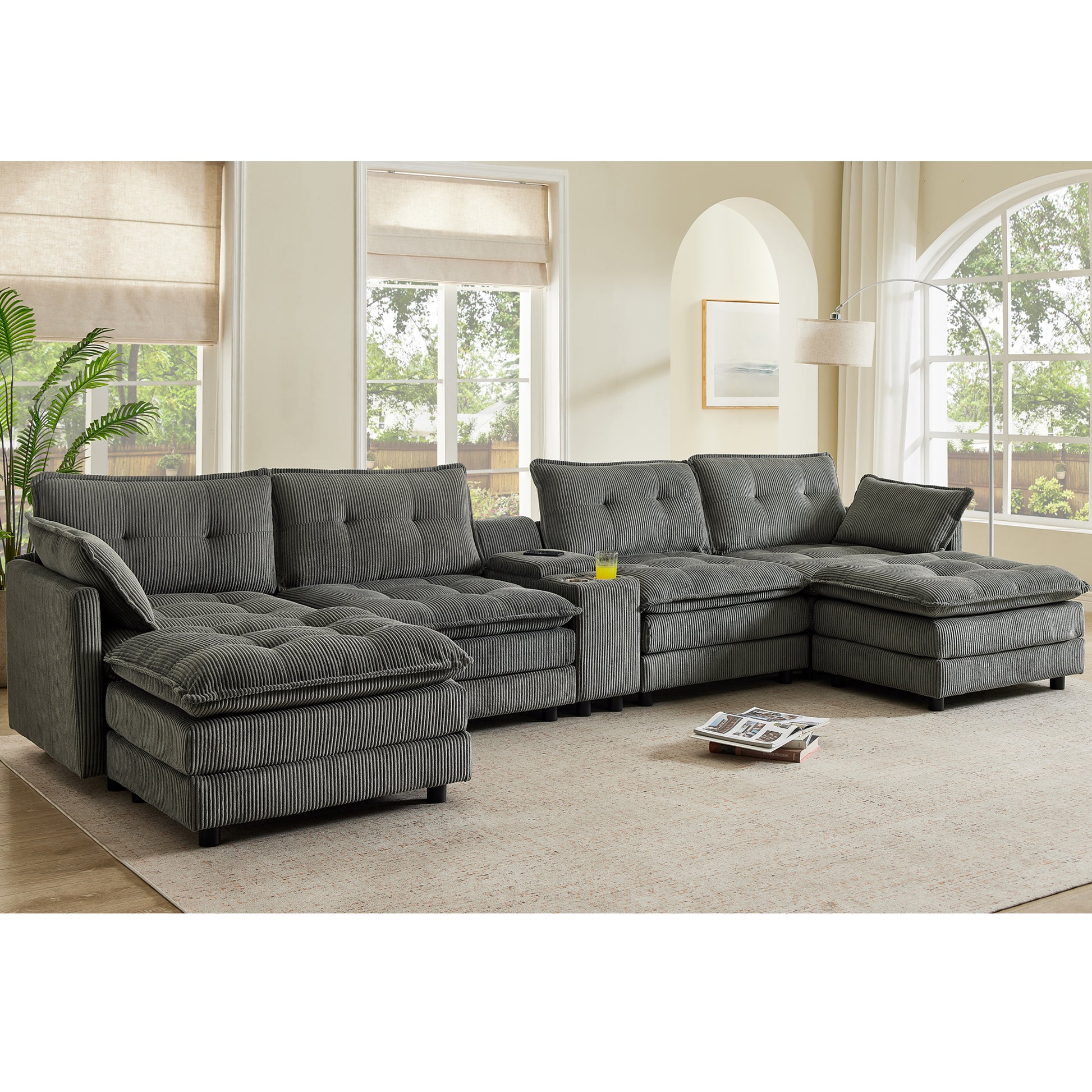 154" Sectional Cloud Sofa Couch with Ottomans, Modular U Shaped Couches for Living Room, Comfy Corduroy Oversized Sectional Modern 6 Seat Deep Seat Sofa Set with Central Console USB Port, Grey image 1