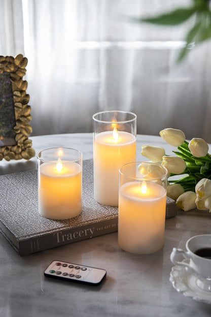 S/3 Real Flame-Effect LED Wax Candles Light With Remote Timer, White L:D3x6" M:D3x5" S:D3x4" image 1