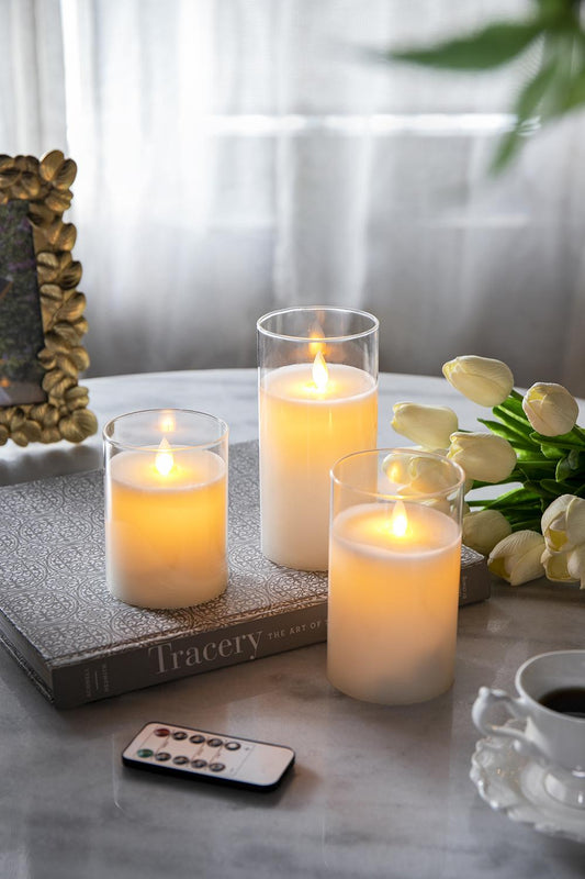 S/3 Real Flame-Effect LED Wax Candles Light With Remote Timer, White L:D3x6" M:D3x5" S:D3x4" image 1