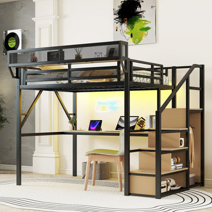 Full Loft Bed with Desk and Charging Station, Full Size Metal Loft Bed with Stairs and Light for Kids Teens, Black, Patent Products image 4