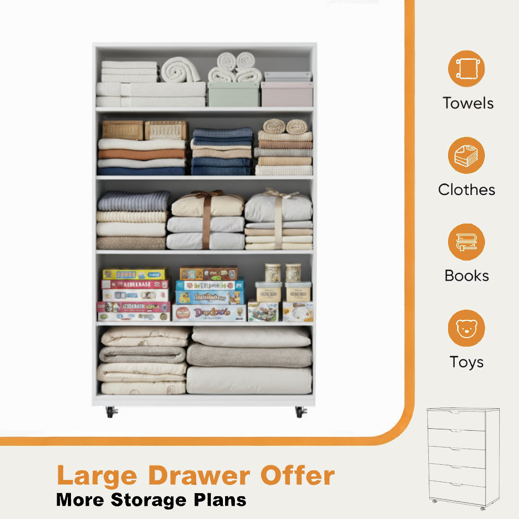 White 5-Drawer Dresser with Wheels – Modern Storage Cabinet image 2