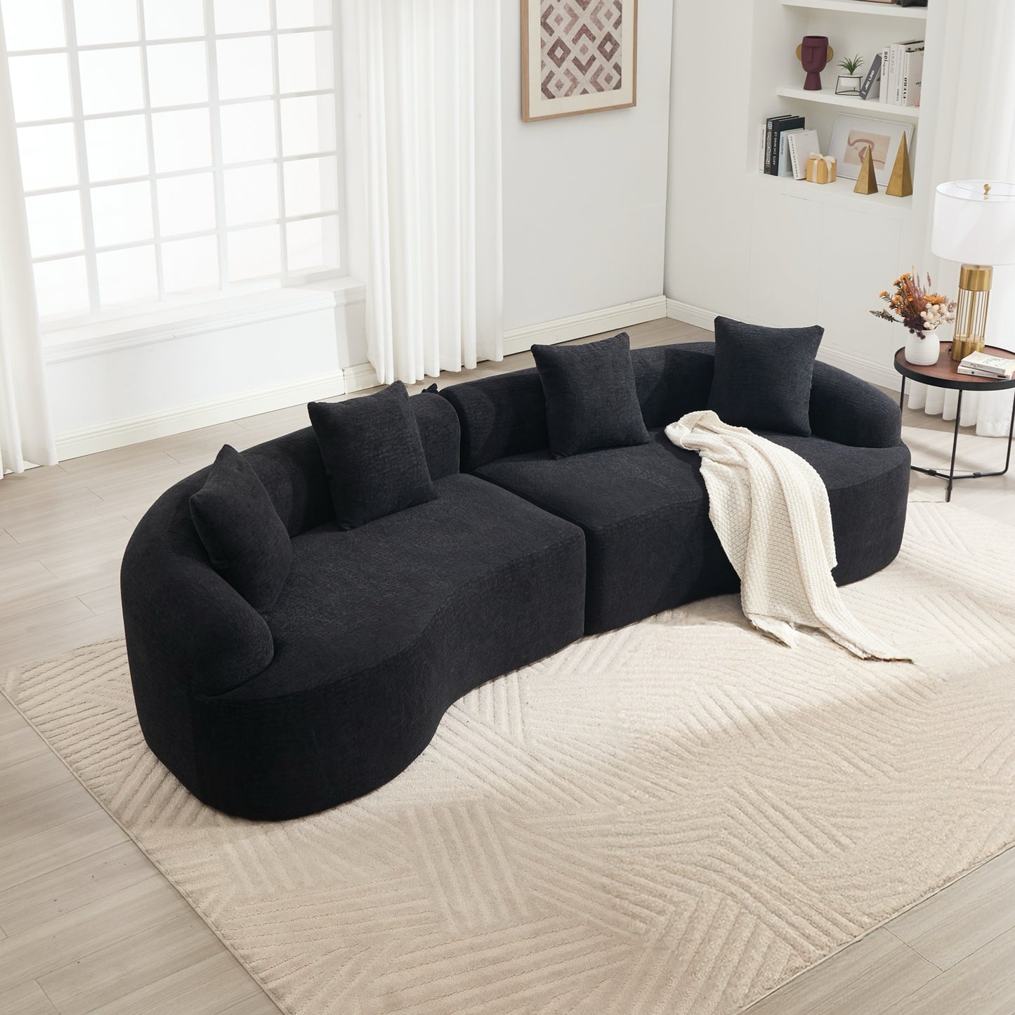 Compression Sponge Sofa Black Curved Modular Sectional, 30D High-Density Chenille Sleeper Couch for Apartment,Living room 110"L image 1