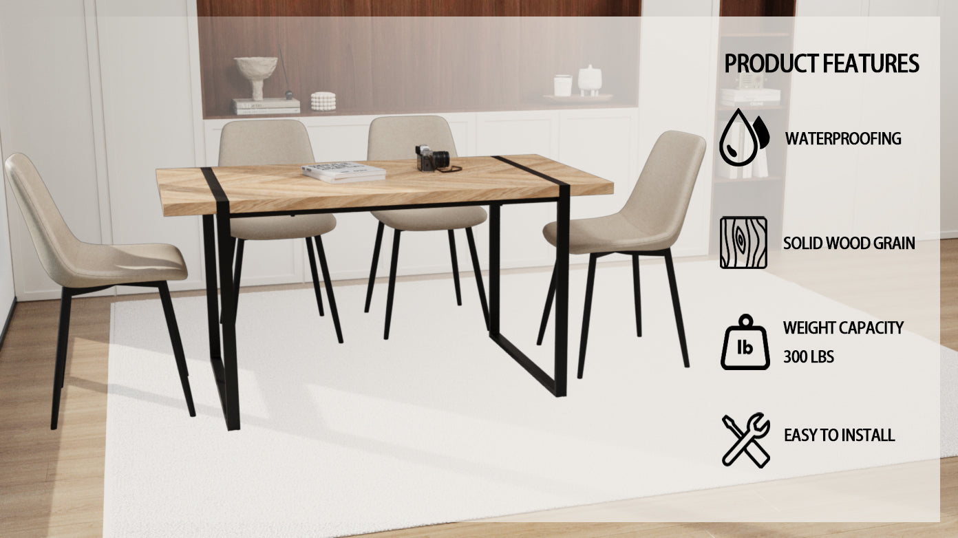 59" MDF light wood dining table and modern dining chair 4-piece set, medieval wooden kitchen dining table set, rectangular metal base, dining table and suede chair image 9