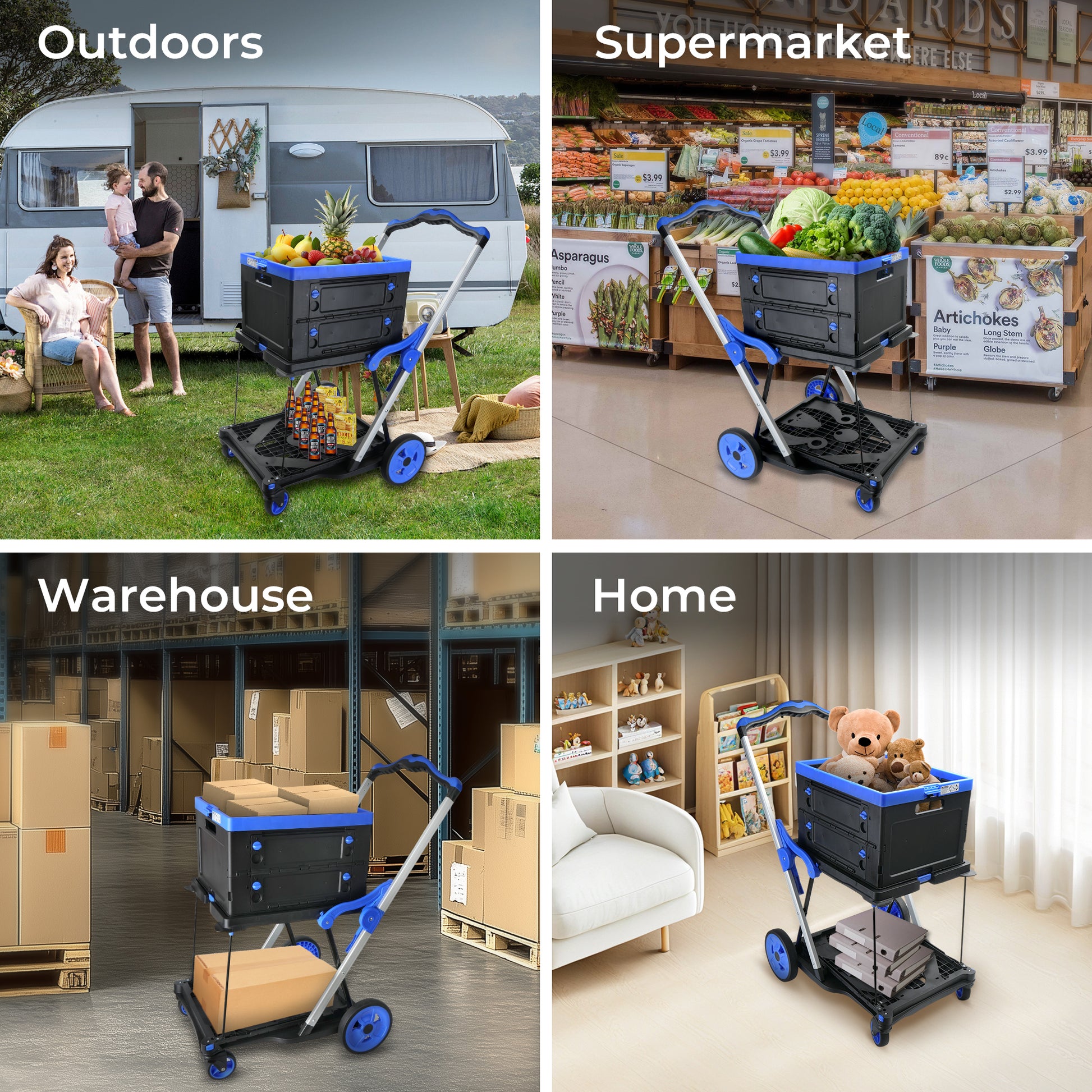 2-Tier Folding Cart Multi Use Functional Collapsible carts Shopping Trolley with Wheels Shopping Cart with Storage Crate Utility Cart for Groceries Warehouse Supermarket image 2