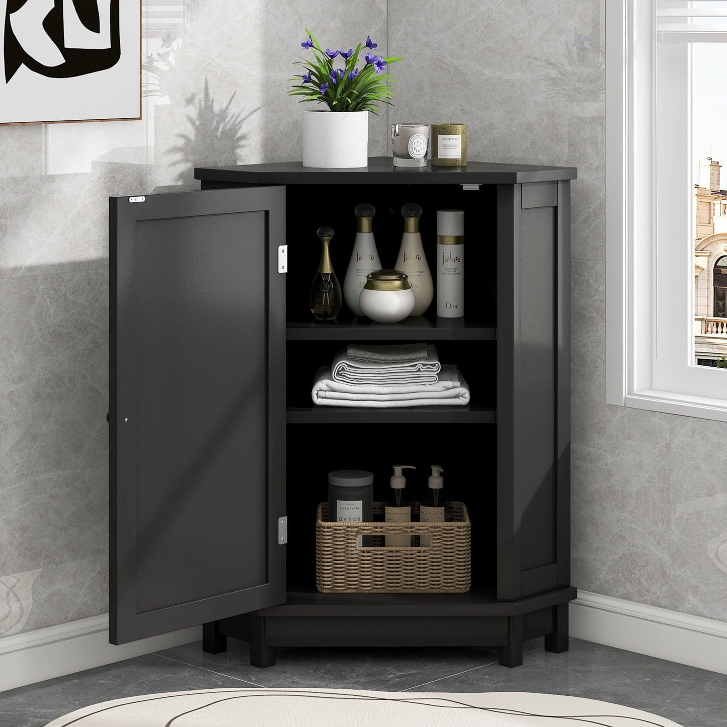 Black Bathroom Cabinet Triangle Corner Storage Cabinet with Adjustable Shelf Modern Style MDF Board(Old SKU:N725P172615B) image 4