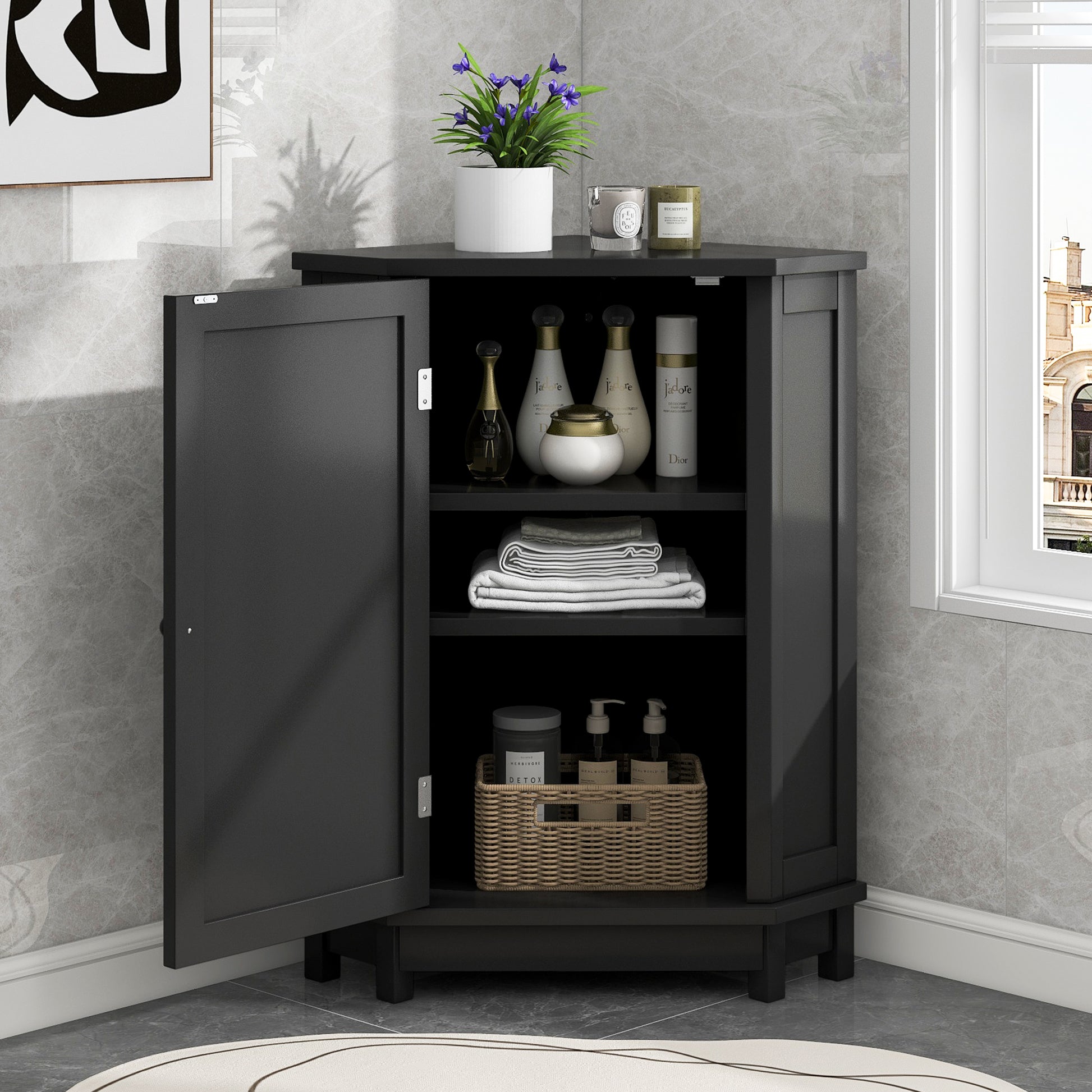 Black Bathroom Cabinet Triangle Corner Storage Cabinet with Adjustable Shelf Modern Style MDF Board(Old SKU:N725P172615B) image 4