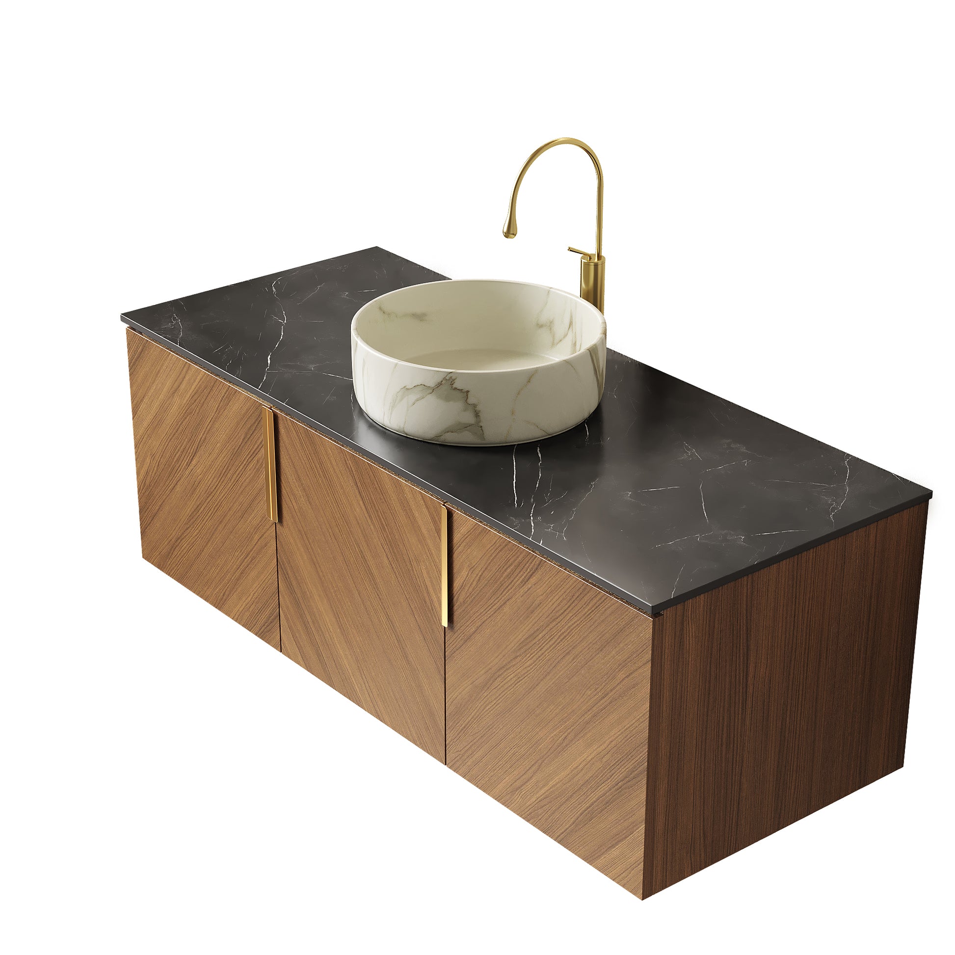 ARAI 48" Bathroom Vanity&Sink, Floating Plywood Bathroom Storage Cabinet with 3 Doors, Black Sintered Stone Countertop & White Round Ceramic Basin with Stone Pattern, Brown Oak Woodgrain (New SKU) image 4