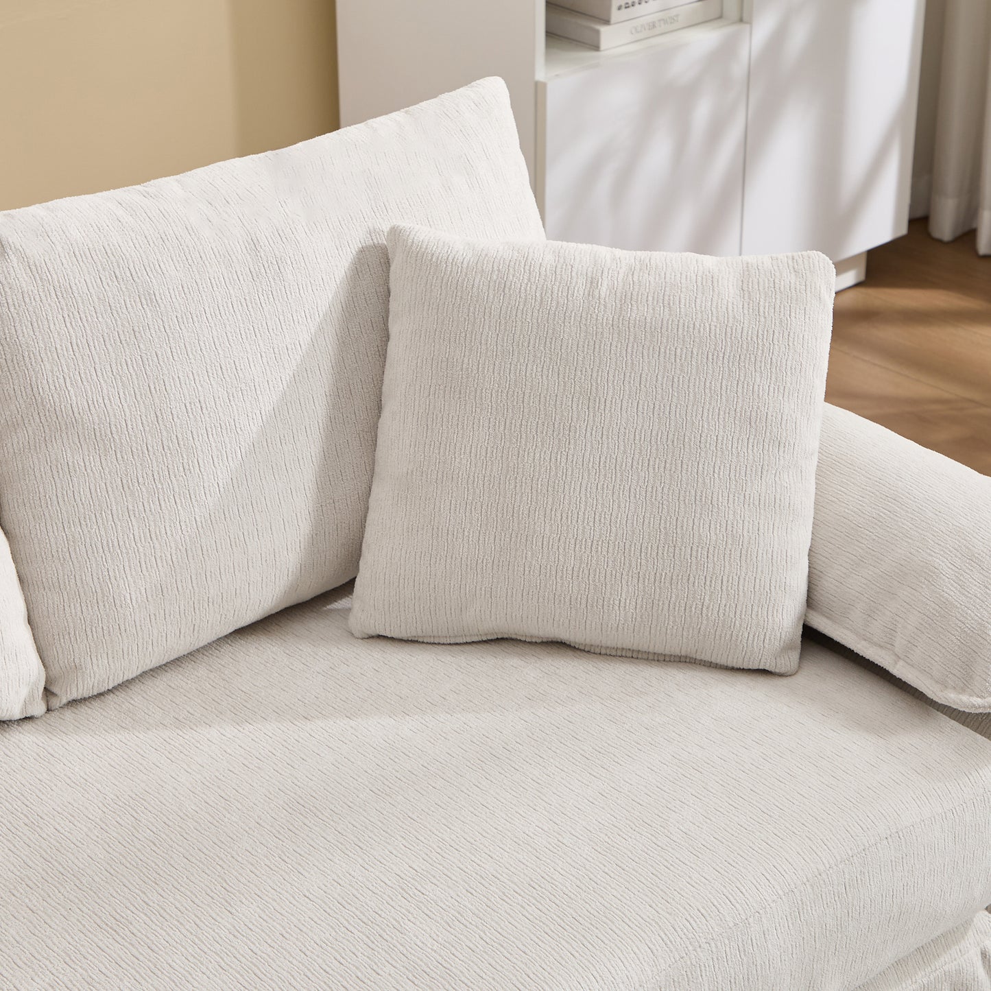 58 inch 3-in-1 Upholstered Futon Sofa Convertible Floor Sofa bed,Foldable Tufted Loveseat with Pull Out Sleeper Couch Bed,Folding Mattres Love Seat Daybed W/Side Pockets for Living Room White image 9