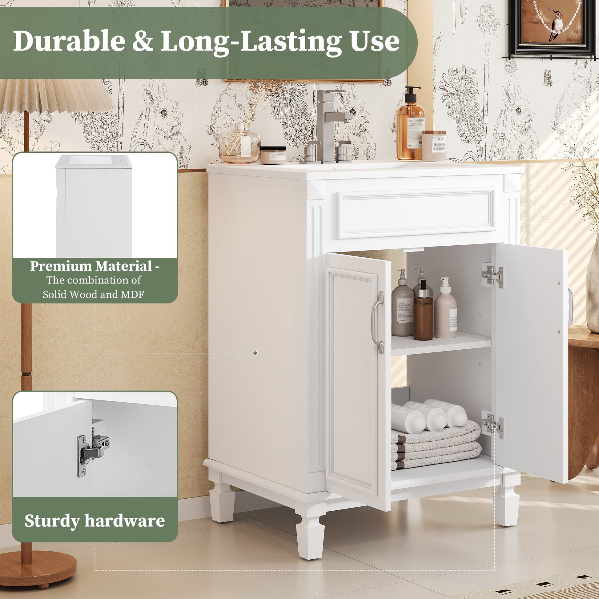 24'' Bathroom Vanity with Top Sink, Modern Bathroom Storage Cabinet with 2 Soft-Closing Doors and Adjustable Shelf, Solid Wood Frame image 5