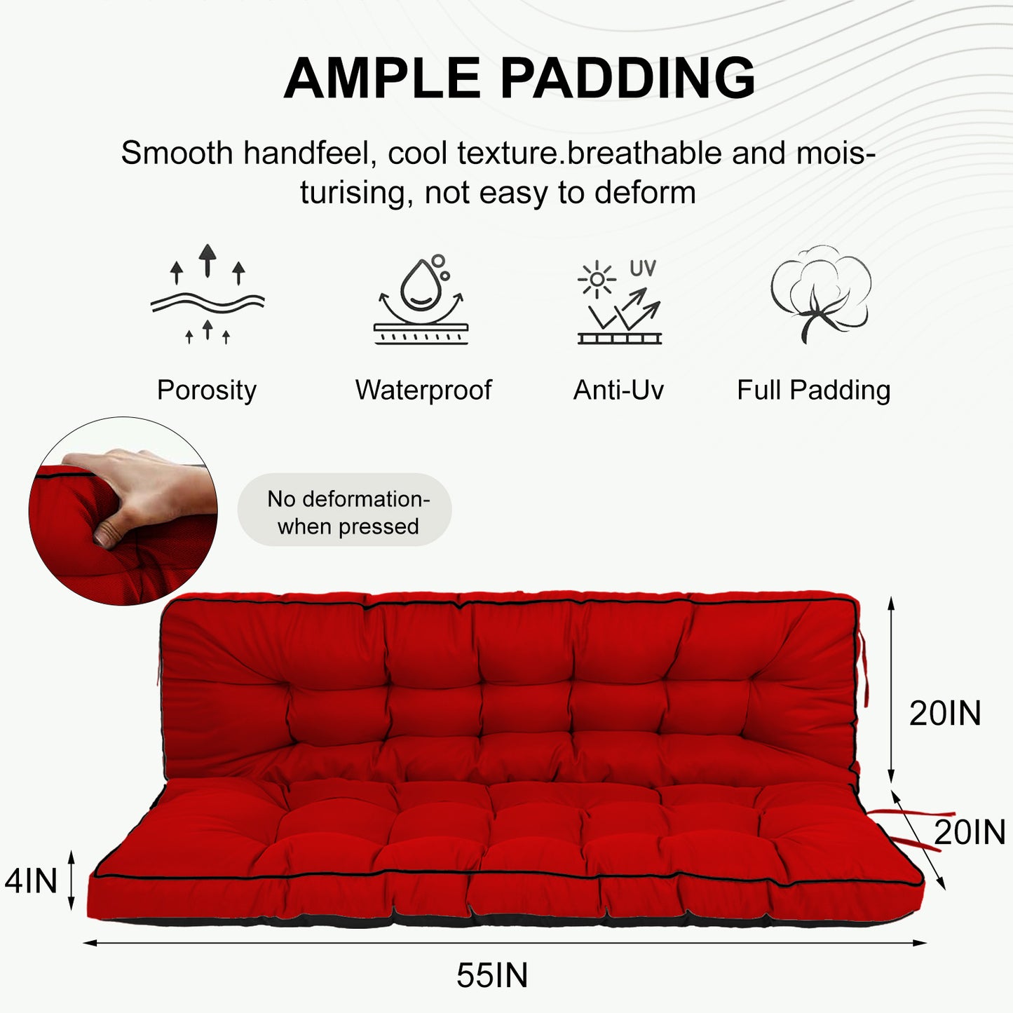 3 Seater Outdoor Porch Swing Cushion with Backrest, 4 Inch Extra Thick Waterproof Swing Replacement Cushion, 2-3 Seat Thicken Patio Bench Cushion for Garden Backyard Outdoor Furniture (red) image 3
