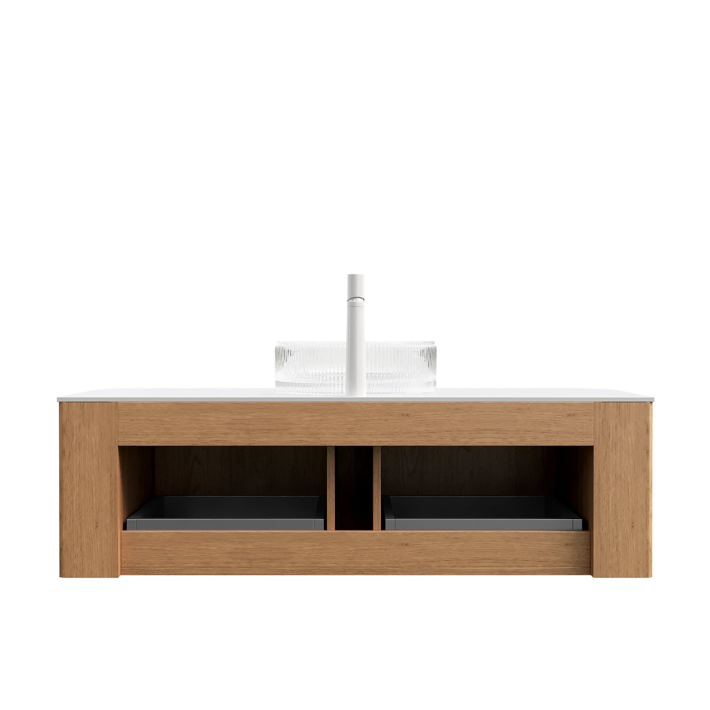 DINA 48" Bathroom Vanity&Sink, Floating Curved Edges Striped Storage Cabinet with 2 Drawers, Transparent Round Glass Basin&Carrara White Sintered Stone Top, Pre-assembled, Natural Woodgrain Color image 4