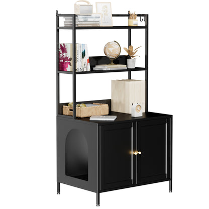 Metal Cat Litter Box Enclosure, 57" Tall Hidden Litter Box Cabinet with 3 Tier Storage Shelves, Large Indoor Cat House with Doors & 4 S-Hooks, Odor Control Pet Washroom Furniture for Large Cats, Black image 12