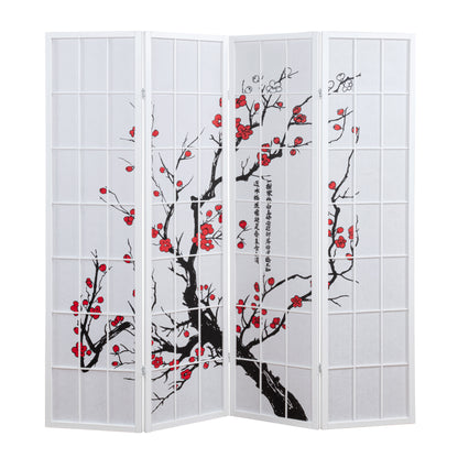 Elandra 4-Panel Room Divider, Light-Filtering Non-Woven Fabric Panels, Plum Blossom Print, Foldable Freestanding Privacy Screen, White image 4