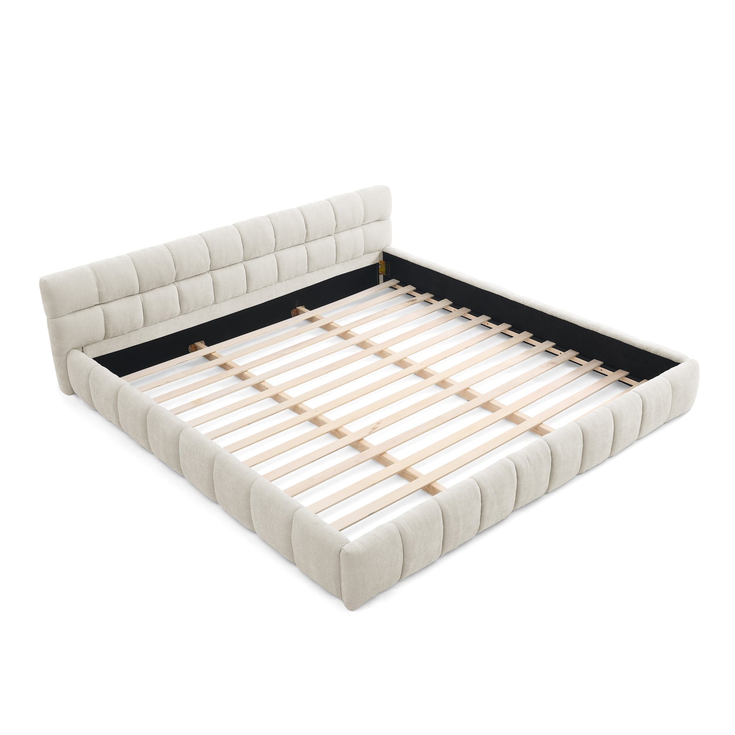 King size Upholstered Bed Frame with Thick Fabric, Chenille Fabric Grounded King Size Platform Bed with Headboard and Solid Frame. No Box Spring Needed-Beige(88.5''*85.5''*24'') image 9