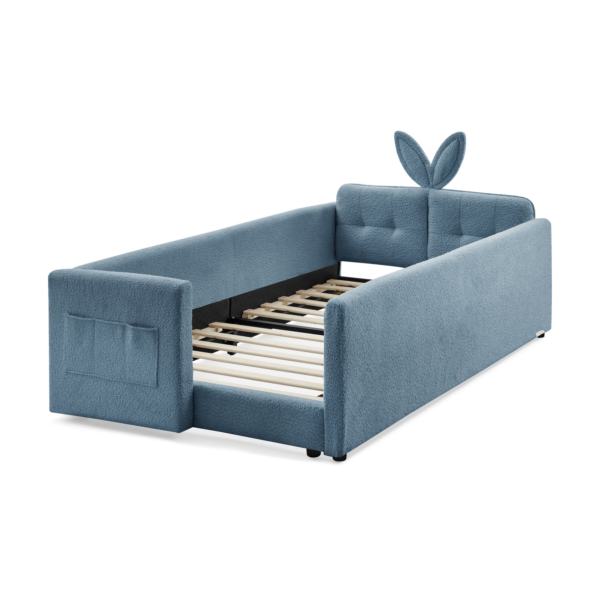 Twin Size Upholstered Platform Bed with Cute Rabbit Ear Shaped Headboard, with Safety Rail and Pocket, Boucle Fabric image 7