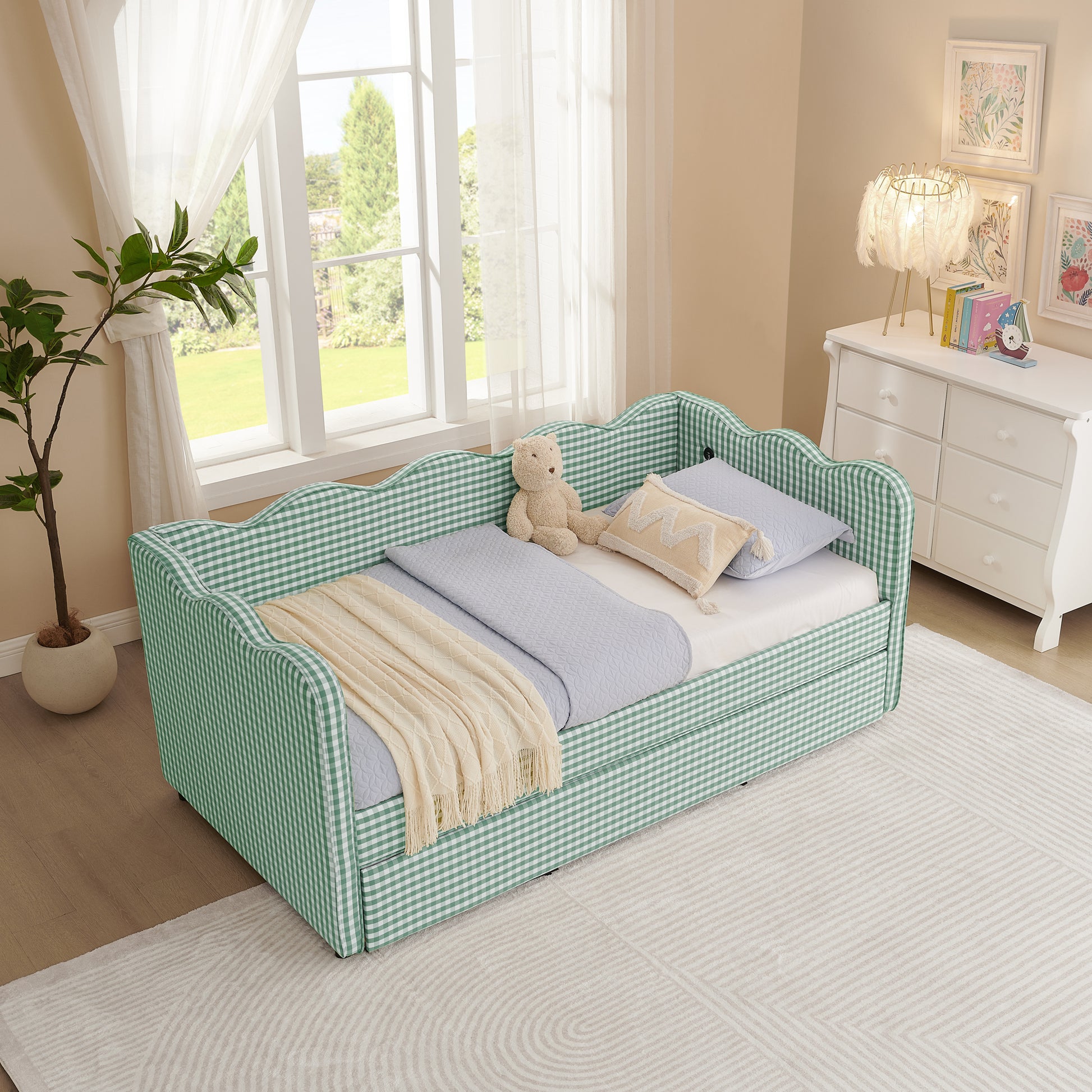 Cozy Gingham Daybed with Trundle Twin Size Sofa Bed No Box Spring Needed, with USB Port and Adorable Wave Shaped, Linen Fabric image 2