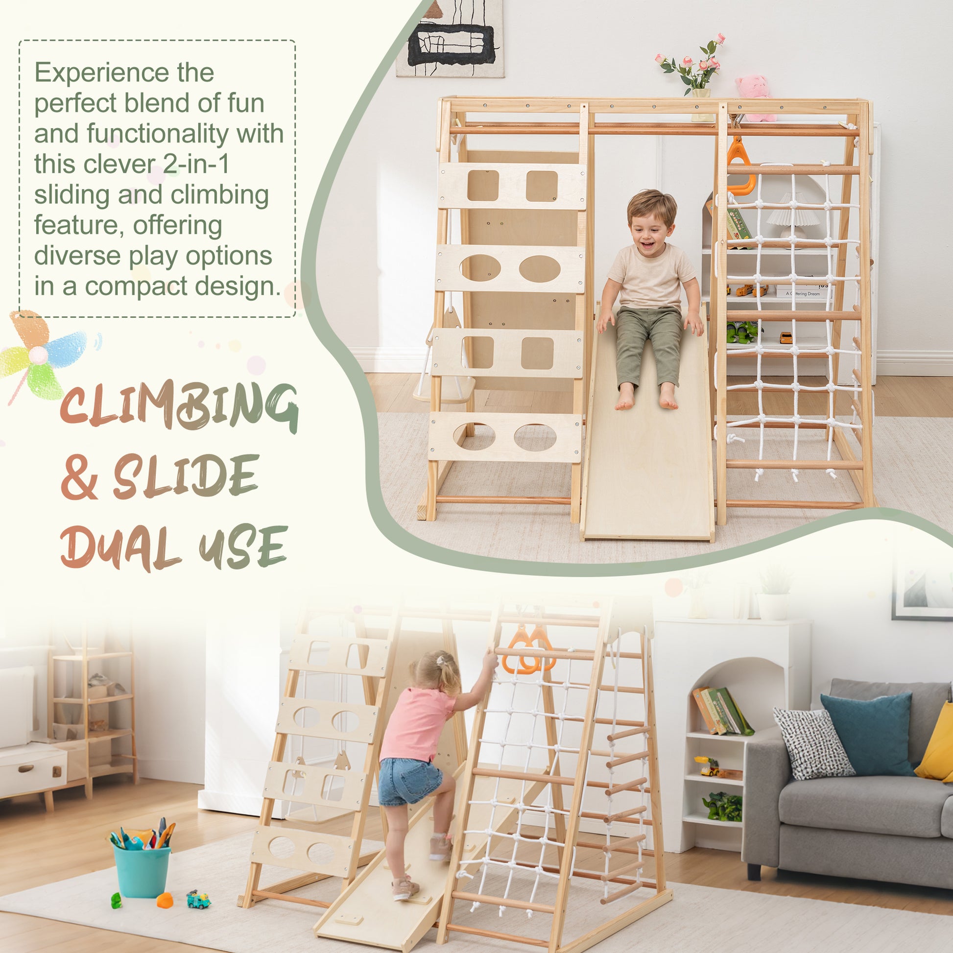 9-in-1 Slide and Climbing Wall for Toddlers 3+, Wooden Indoor Play Structure, Heavy Duty 176 lbs Capacity, Safe Rounded Edge Natural Wood, Balance & Strength Toy Gift image 4