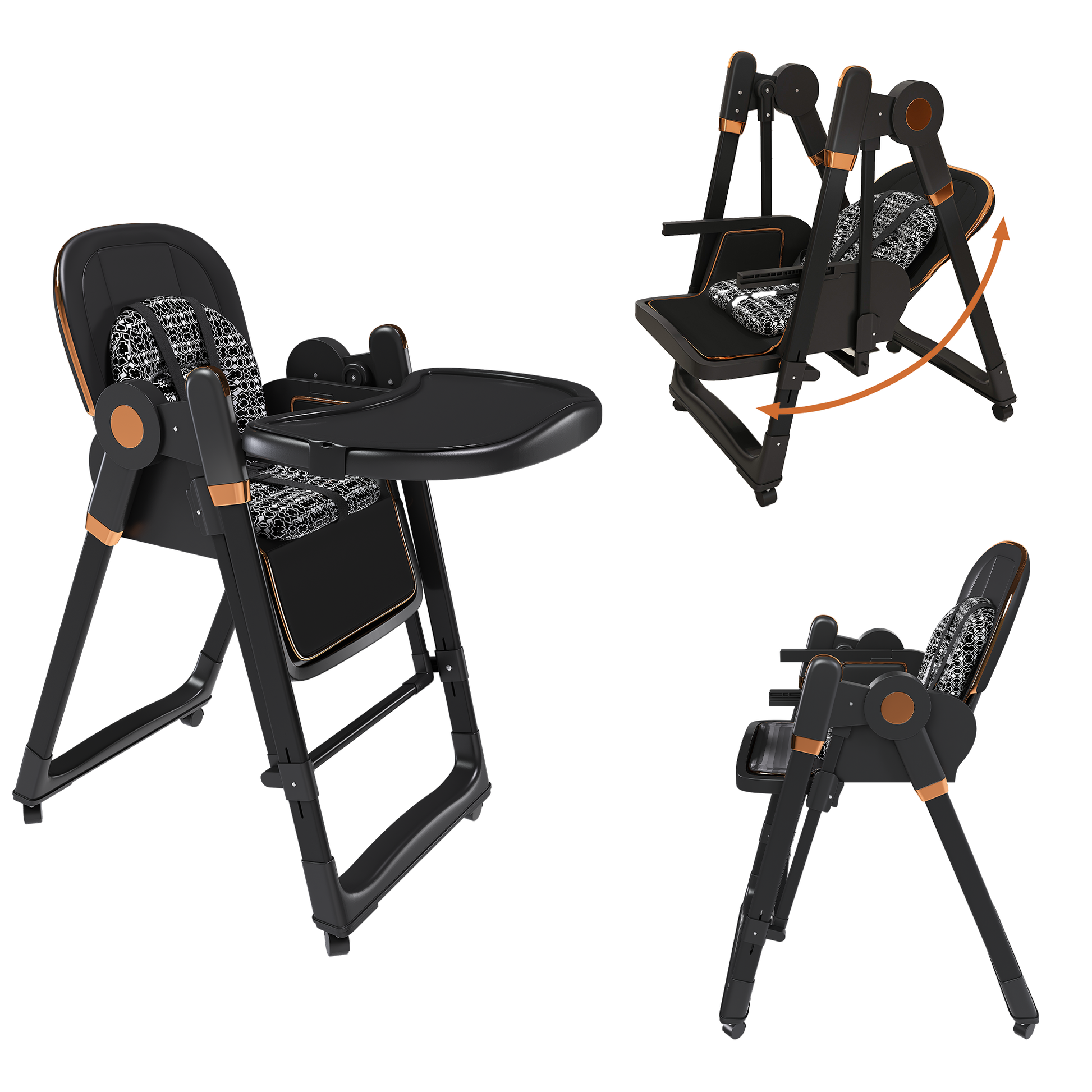 Convertible Baby High Chair to Rocker with 5-Point Harness, Foldable Infant Feeding Chair with Silent Locking Wheels & Removable 2-Tier Easy-Clean Tray for 6M-3Yrs(Black) image 1