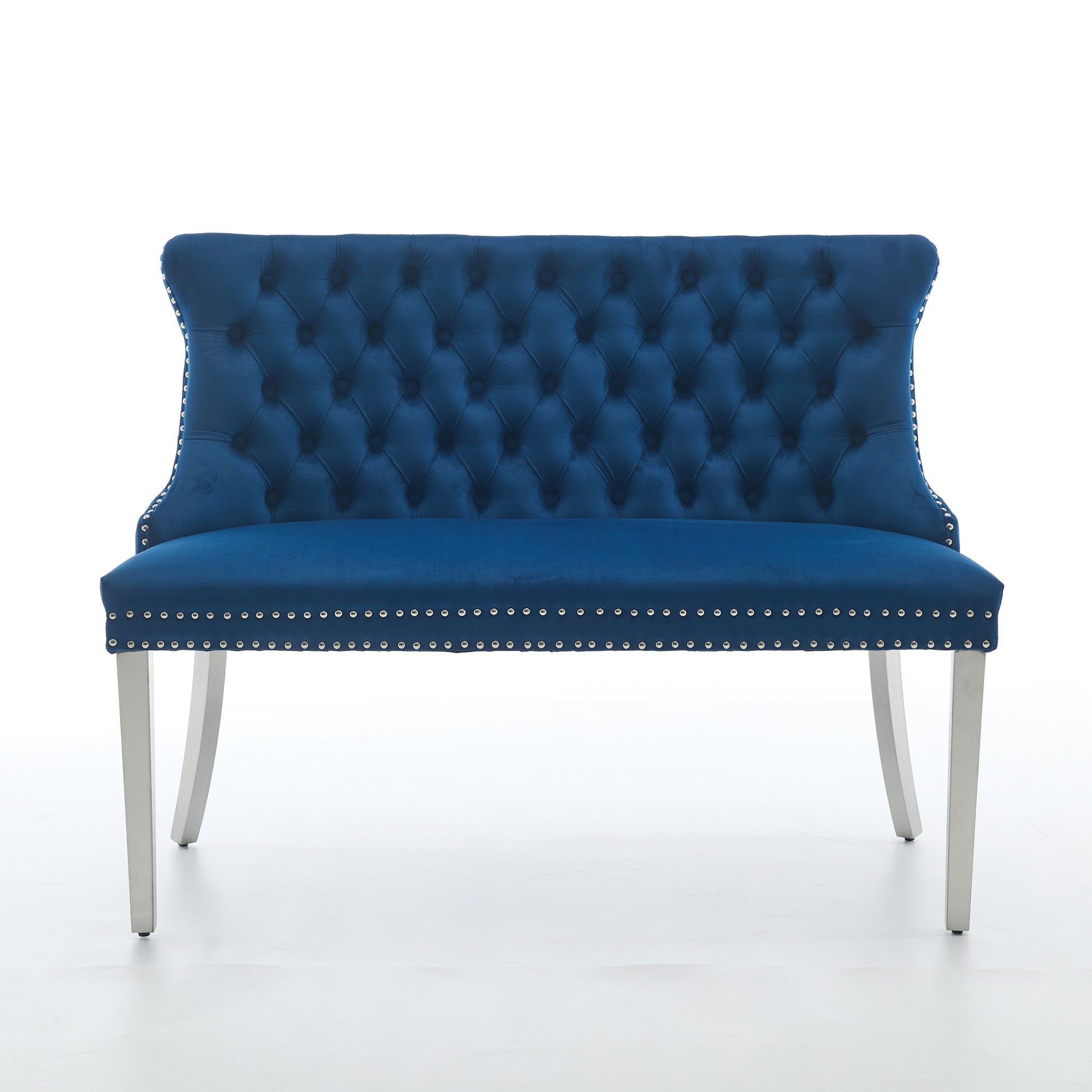 Velvet Double Dining Loveseat Bench, Kitchen & Dining Seating, 2-Seat Tufted Bench w/Handmade Buttons, Wing Back, Brushed Silver Stainless Steel Legs, Mid Century Modern,Single Pack,Blue,SW1702BL image 2