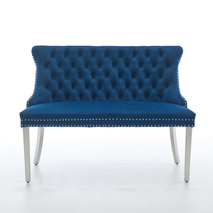 Velvet Double Dining Loveseat Bench, Kitchen & Dining Seating, 2-Seat Tufted Bench w/Handmade Buttons, Wing Back, Brushed Silver Stainless Steel Legs, Mid Century Modern,Single Pack,Blue,SW1702BL image 2
