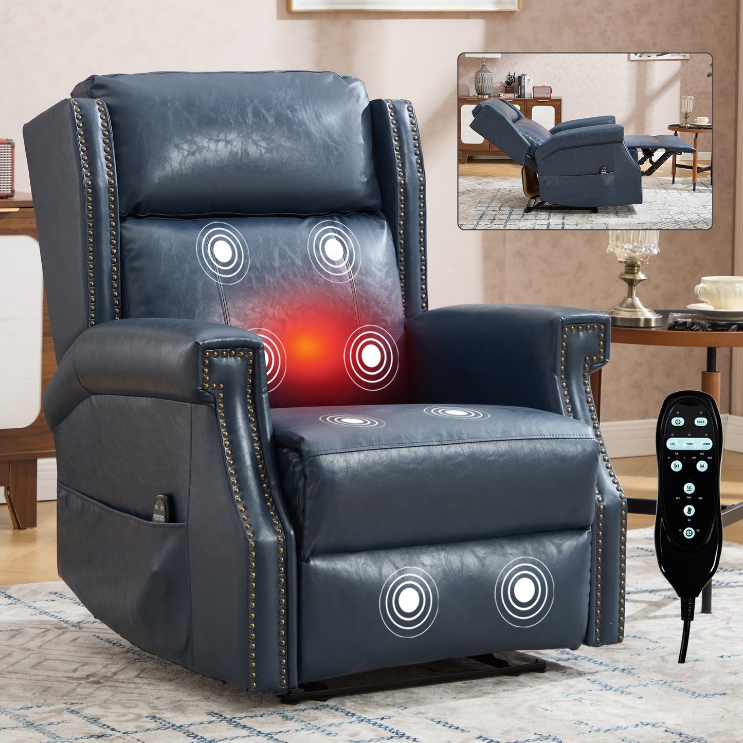 Blue Manual Recliner Chair in Faux Leather for Living Room with Heavy Duty Motion Mechanism, 8 vibrating nodes and 3 massage modes. image 1