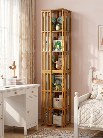 Rotating Bookshelf Tower, 360° Display Spinning Bookcase, 6 Tier Bamboo Bookshelf Floor Standing Storage Rack, Wood Narrow Book Shelf Organizer for Kids Adults (BROWN) image 7