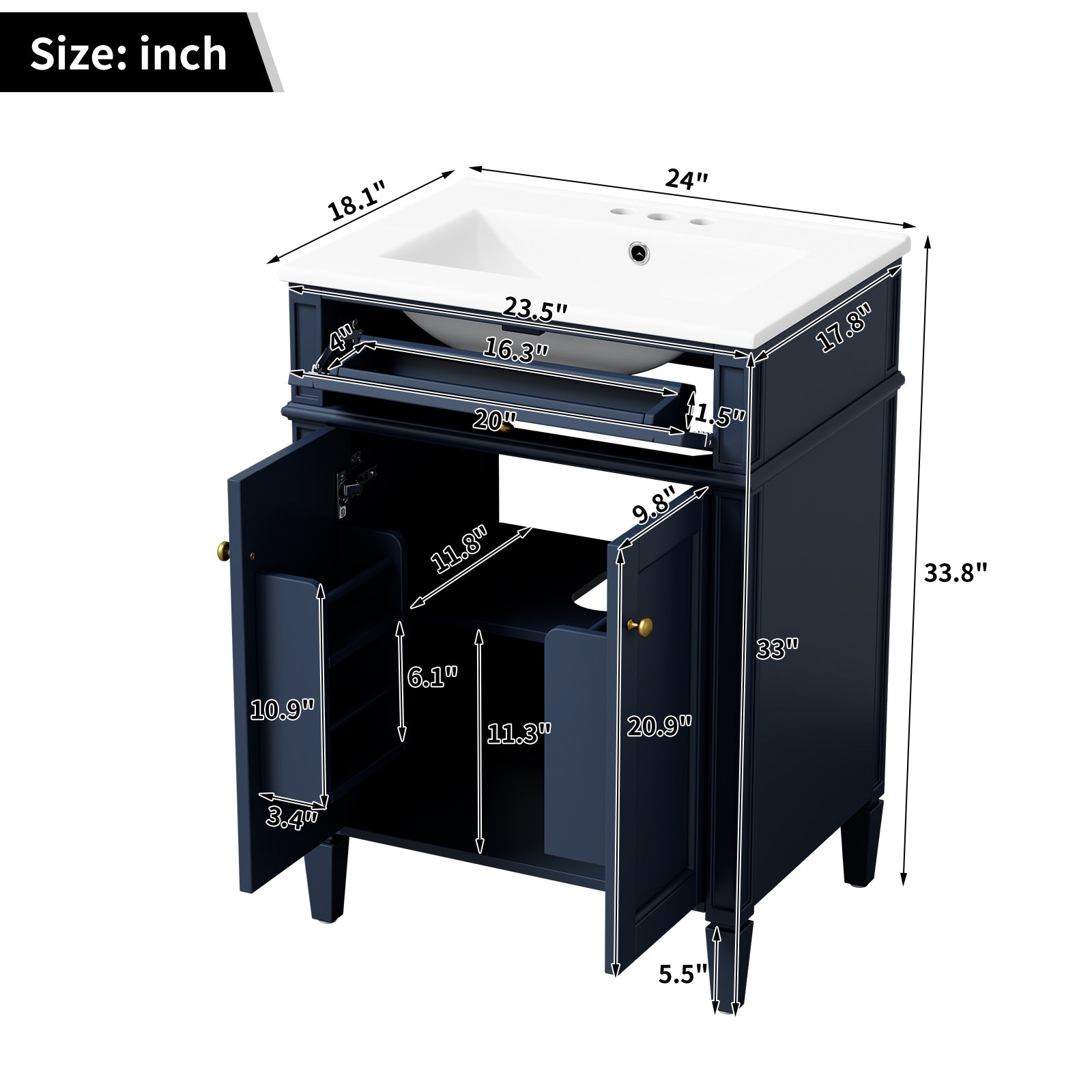24" Bathroom Vanity with 2 Doors and Tip-Out Drawer, Bathroom Storage Cabinet with Sink, Soft-Closing Doors with Organizers image 5