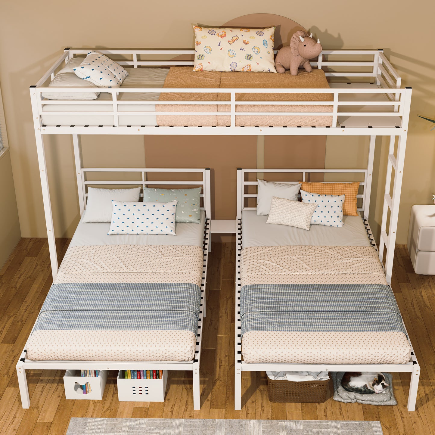Triple Bunk Bed for Kids,3 Bed Bunk Beds for 3,Metal Triple Bunk Beds,Separates Into 3 Twin Beds,Noise Reduced Structure,White image 4