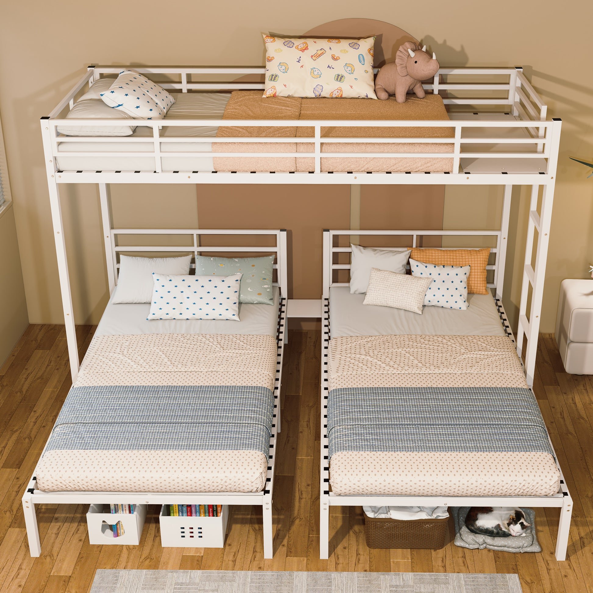 Triple Bunk Bed for Kids,3 Bed Bunk Beds for 3,Metal Triple Bunk Beds,Separates Into 3 Twin Beds,Noise Reduced Structure,White image 4