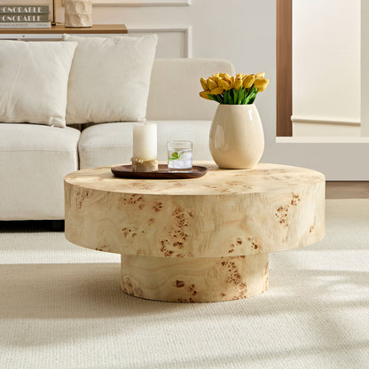 31.49''Mid Century Modern Round Wood Coffee Table with Burl Wood Veneer and Sturdy Pedestal for Living Room Office Apartment image 1