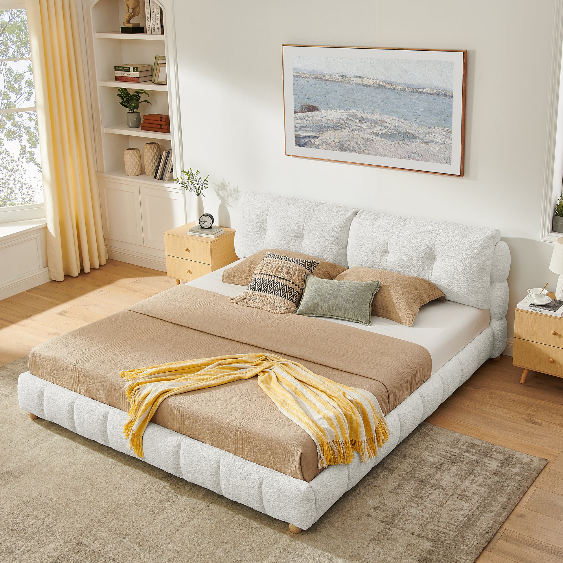 King Cream Style Bouclé Fabric Platform Bed, Soft Cloud-Like Upholstered Frame with Solid Wood Legs, No Box Spring Needed image 1